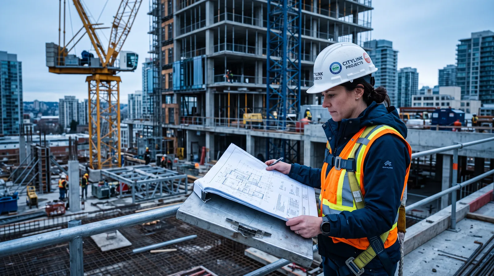 Engenheiro civil analisando projetos em um canteiro de obras