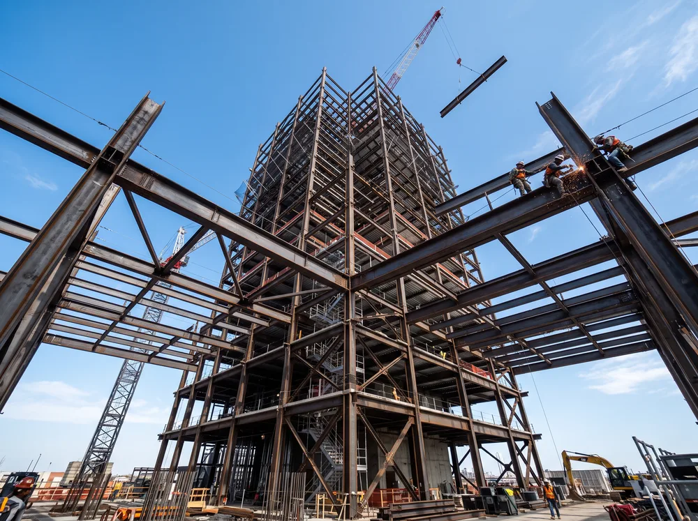 Edifício moderno em construção com estrutura de aço
