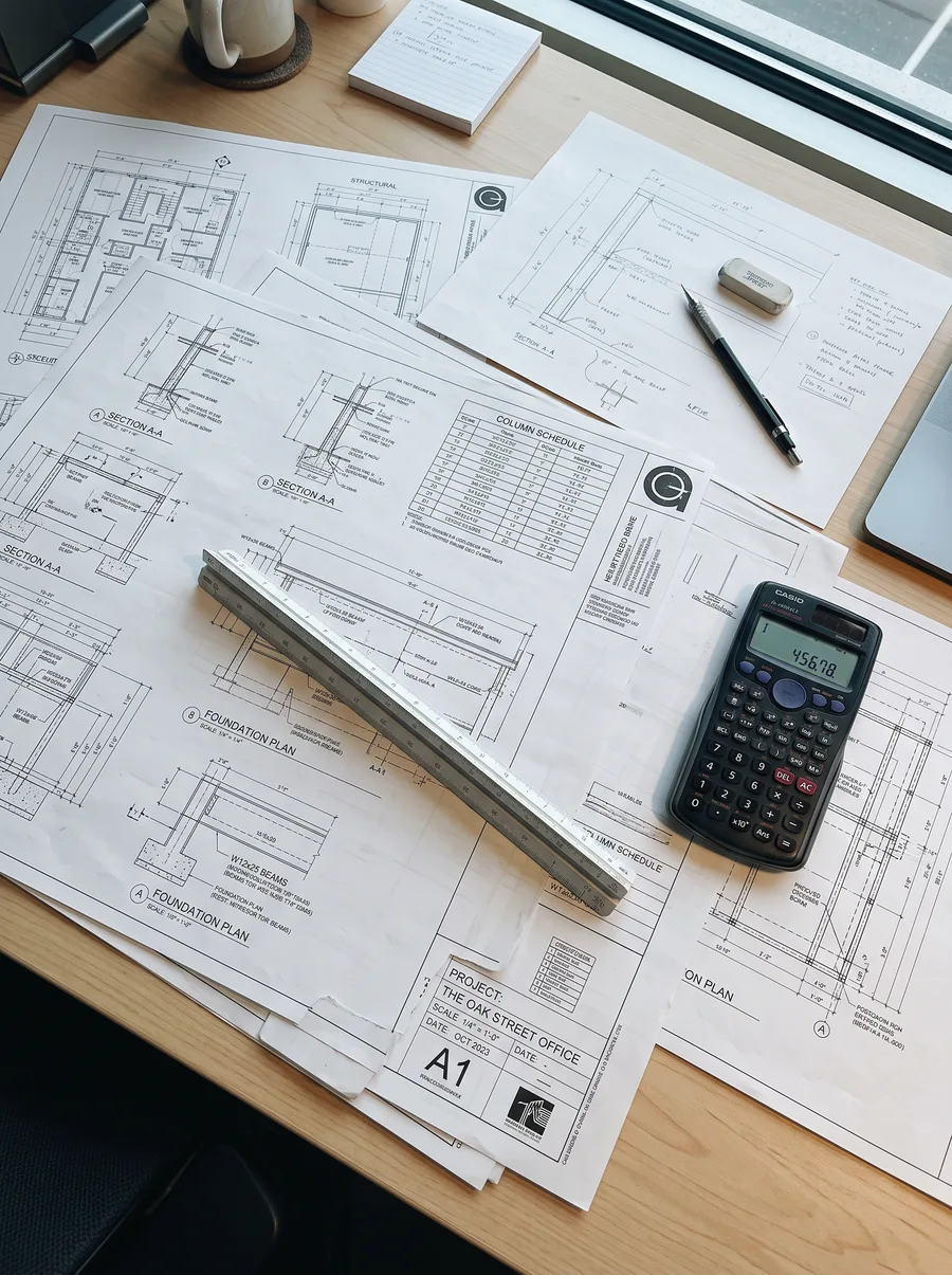 Projetos estruturais e plantas de engenharia sobre a mesa